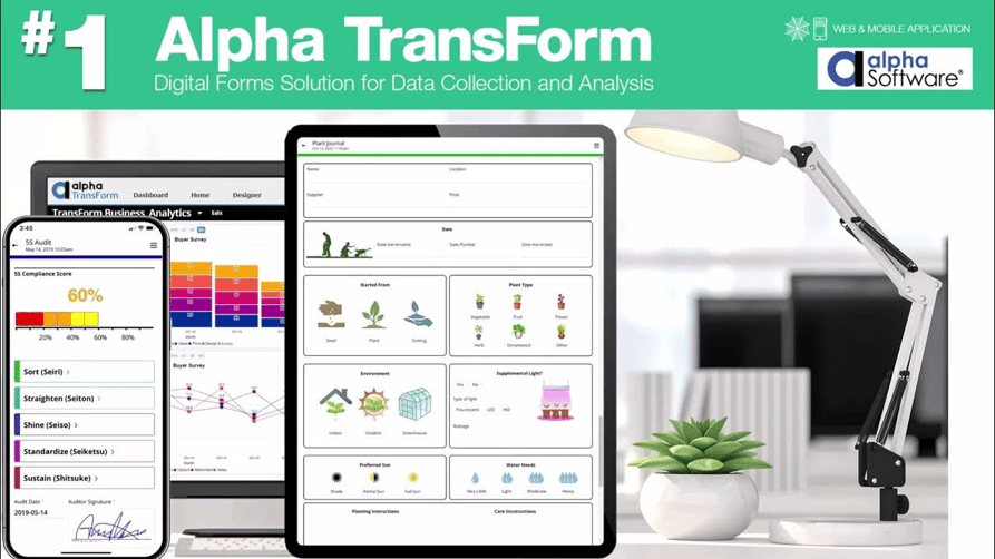 A tablet, laptop, and smartphone with digital data collecting dashboards under a desk light and “#1 Estel Tech Transform: Digital Forms Solution for Data Collection and Analysis” above it.
