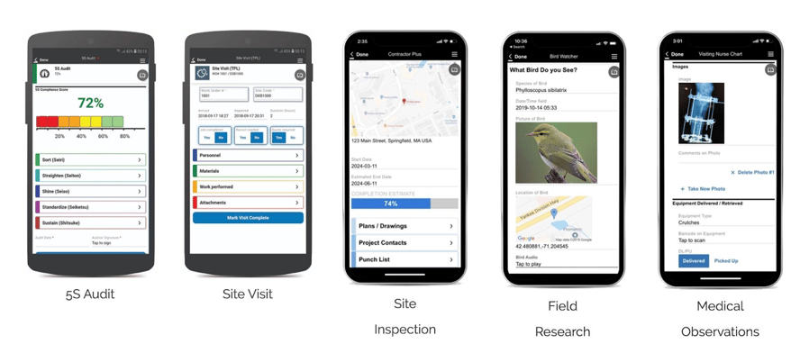 Five smartphones showing Estel Tech Transform apps for 5S Audit, Site Visit, Site Inspection, Field Research, and Medical Observations.
