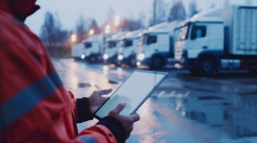 Fleet manager reviewing vehicle data on tablet with trucks in the background