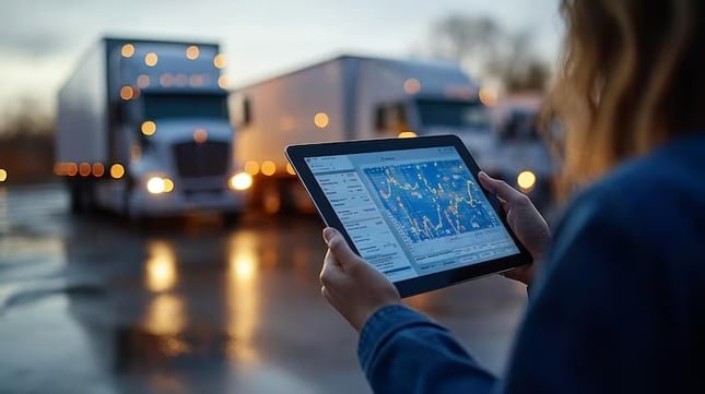 Hands holding a tablet displaying real-time fleet and vehicle performance data on a modern dashboard.