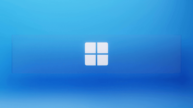 Windows 11 logo with four white squares on a blue gradient background.