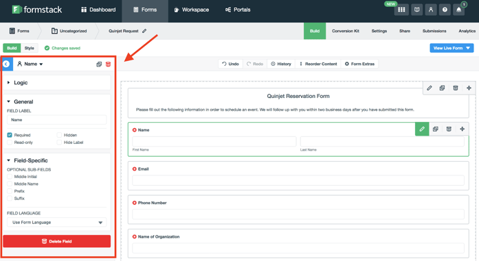 Formstack's form builder dashboard showing the 'Quinjet Reservation Form' editor with a left sidebar displaying field configuration options.