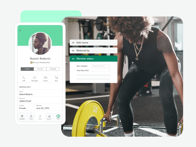 Fitness software interface showing a member profile and management tools on Mindbody.