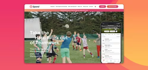 Spond sports team management platform promotional image showing kids playing a game outdoors with an overlay of the Spond mobile app interface.