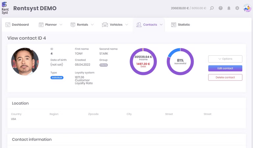 RentSyst DEMO interface showing a customer profile