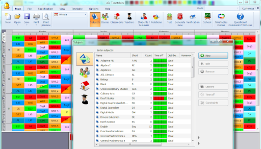 aSc timetable scheduling software interface displaying a colorful grid of classes and a pop-up window showing subjects with scheduling details.